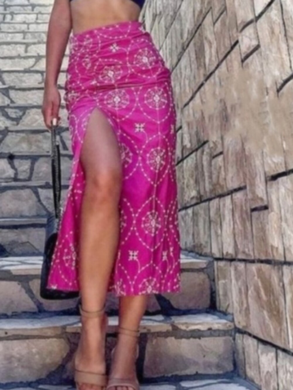 Zara Women Fuchsia Patterned Midi Skirt with Front Slit
